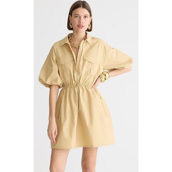 J. Crew Puff Sleeve Dress Mini Cotton Poplin Golden Desert Tan NWT Small - Picture 1 of 13